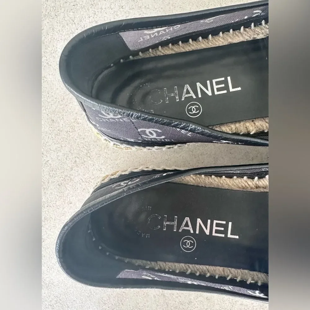 Chanel CC logo Mesh Grosgrain Cap Toe Black Espadrille Flats EU 37 US 6-6.5